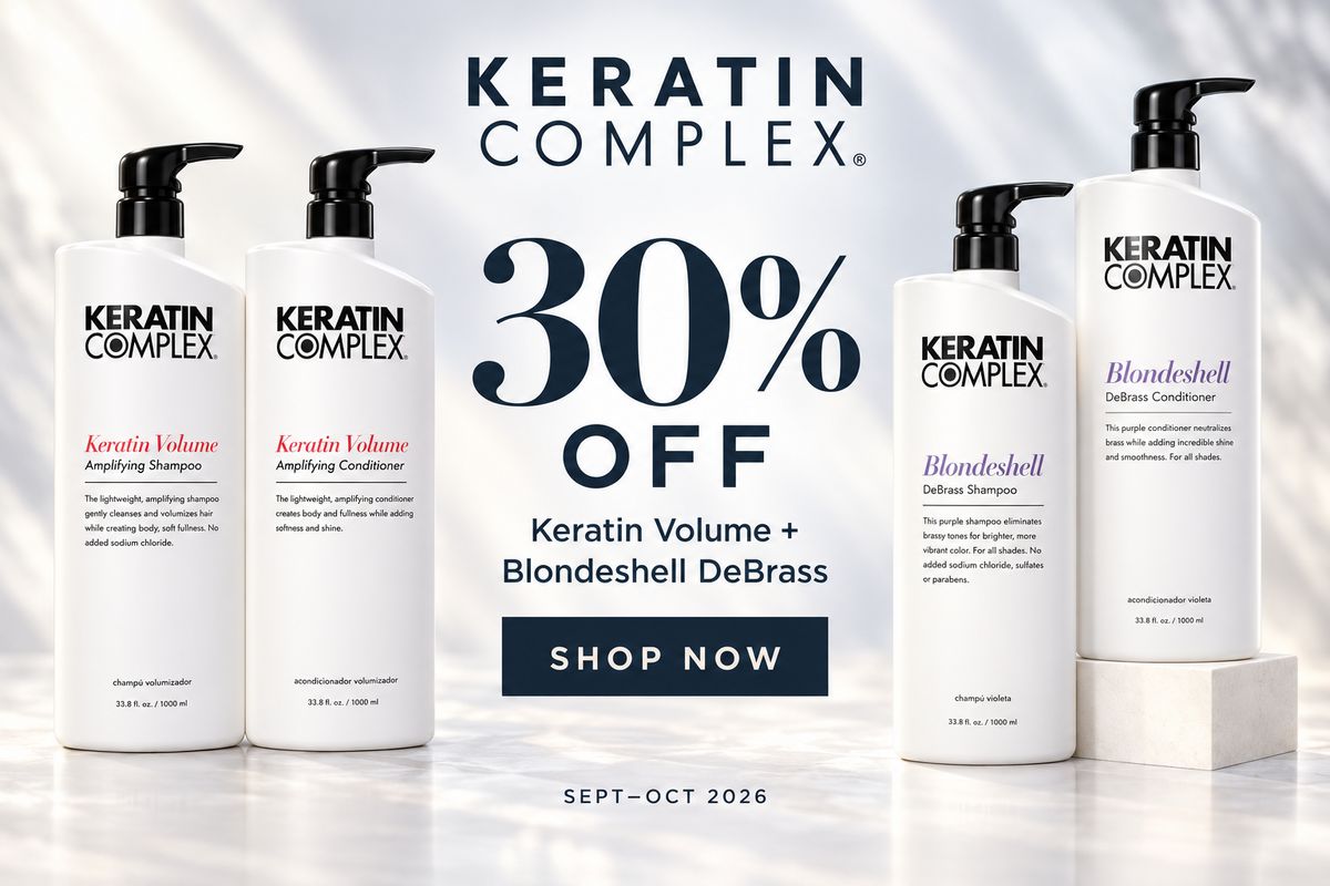Shop 30% off Keratin Complex Keratin Volume and Blondeshell DeBrass collections at SalonRedi, September–October 2026.