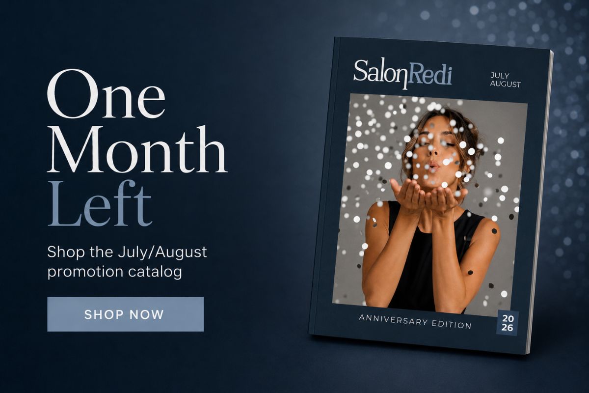 Promotional website banner for SalonRedi featuring the message “One Month Left” and “Shop the July/August promotion catalog,” alongside the July/August Anniversary Edition catalog cover and a Shop Now button.